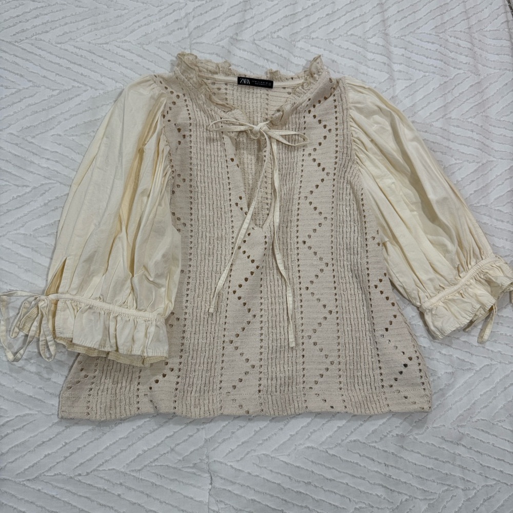 Zara Cream and White Lace Blouse